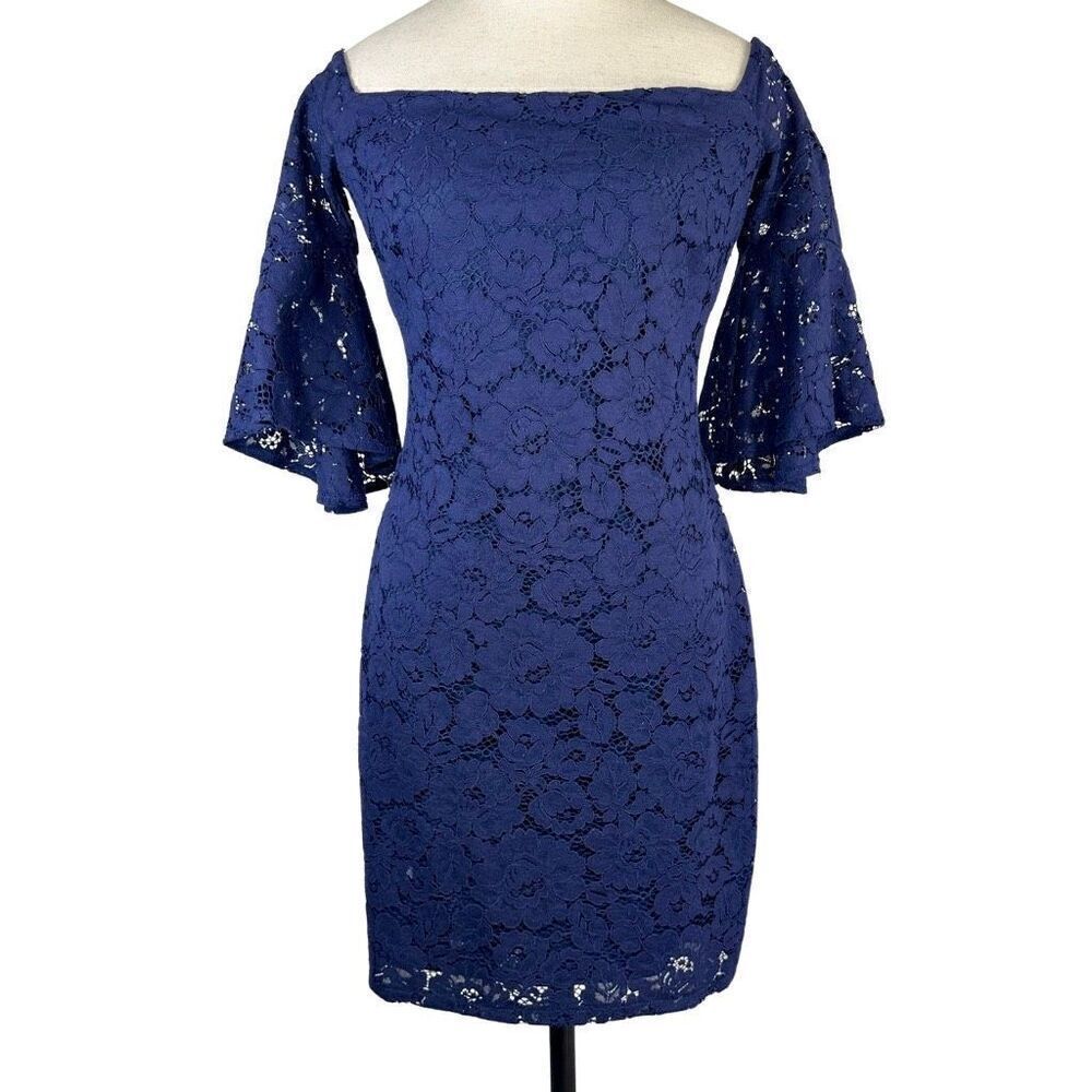 Laundry by Shelli Segal Navy Blue Floral Lace Off The Shoulder Mini Dress Size 4